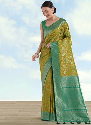 Lemon green faux banarasi silk blend saree with traditional paisley weaves 2