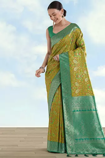Lemon green faux banarasi silk blend saree with traditional paisley weaves