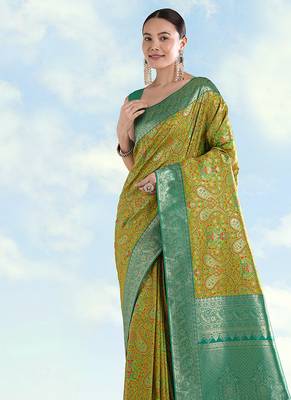 Lemon green faux banarasi silk blend saree with traditional paisley weaves 3