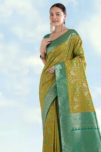 Lemon green faux banarasi silk blend saree with traditional paisley weaves