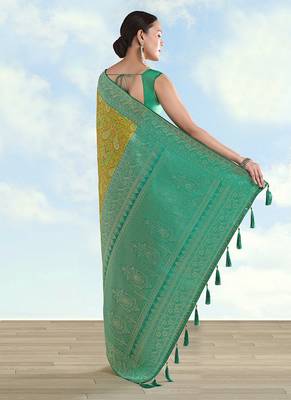 Lemon green faux banarasi silk blend saree with traditional paisley weaves 4