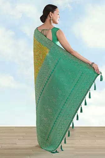 Lemon green faux banarasi silk blend saree with traditional paisley weaves