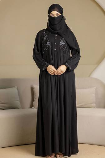 Black Satin Black Abaya Burqa with Hijab Islamic Wear with Hand Work Loose Fit Burqa