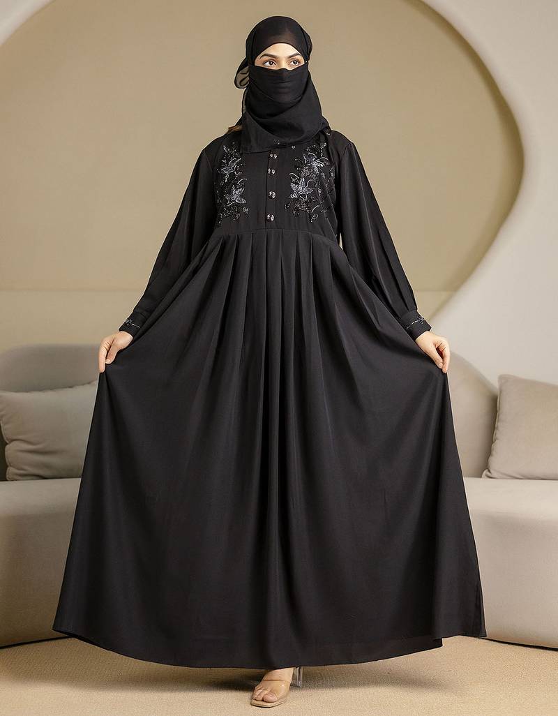 Black Satin Black Abaya Burqa with Hijab Islamic Wear with Hand Work Loose Fit Burqa