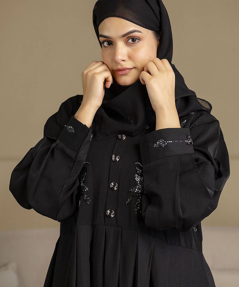 Black Satin Black Abaya Burqa with Hijab Islamic Wear with Hand Work Loose Fit Burqa