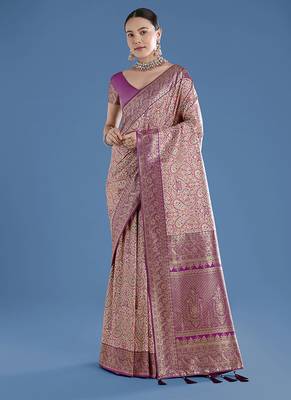 Beige faux banarasi silk blend saree with traditional paisley weaves 1