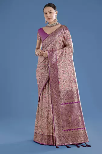 Beige faux banarasi silk saree with traditional paisley weaves