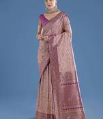 Beige faux banarasi silk saree with traditional paisley weaves