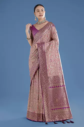 Beige faux banarasi silk blend saree with traditional paisley weaves