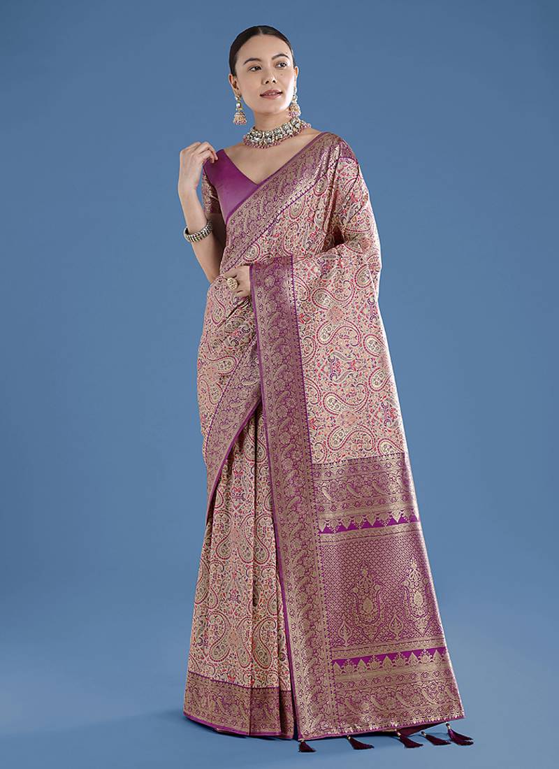 Beige faux banarasi silk saree with traditional paisley weaves