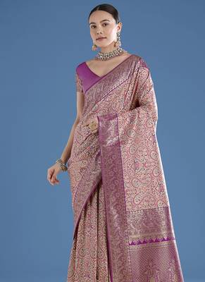 Beige faux banarasi silk blend saree with traditional paisley weaves 3