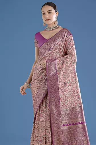 Beige faux banarasi silk blend saree with traditional paisley weaves