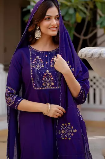 Blue Color Embroidery Sequins with Hand Work Viscose Silk Kurta Pent Set
