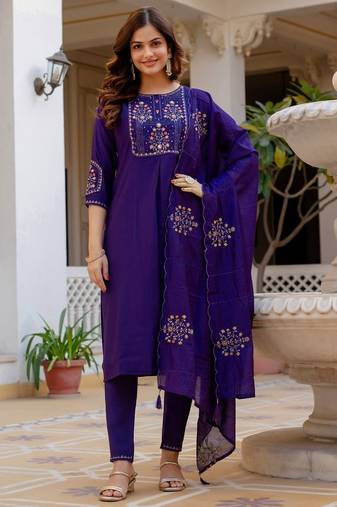 Blue Color Embroidery Sequins with Hand Work Viscose Silk Kurta pant Set