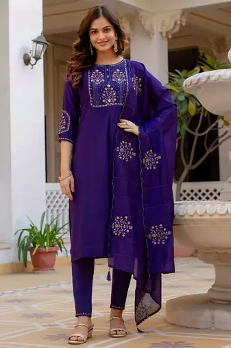 Blue Color Embroidery Sequins with Hand Work Viscose Silk Kurta pant Set
