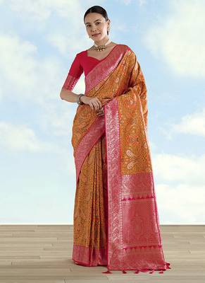 Mustard faux banarasi silk blend saree with traditional paisley weaves 1