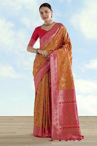 Mustard faux banarasi silk saree with traditional paisley weaves