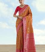 Mustard faux banarasi silk saree with traditional paisley weaves