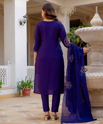 Blue Color Embroidery Sequins with Hand Work Viscose Silk Kurta Pent Set 3
