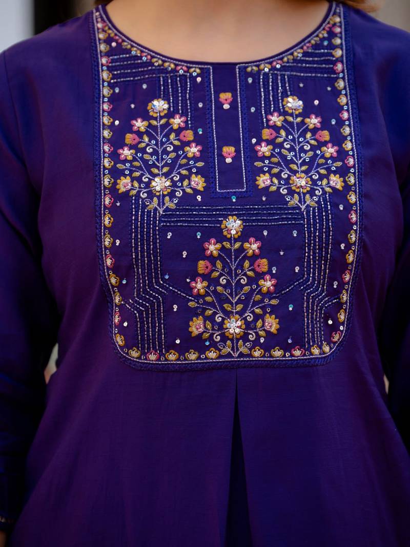 Blue Color Embroidery Sequins with Hand Work Viscose Silk Kurta pant Set