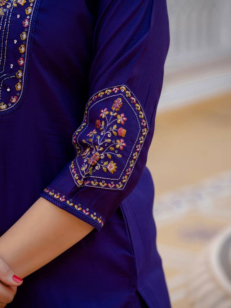 Blue Color Embroidery Sequins with Hand Work Viscose Silk Kurta pant Set