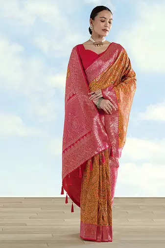 Mustard faux banarasi silk blend saree with traditional paisley weaves