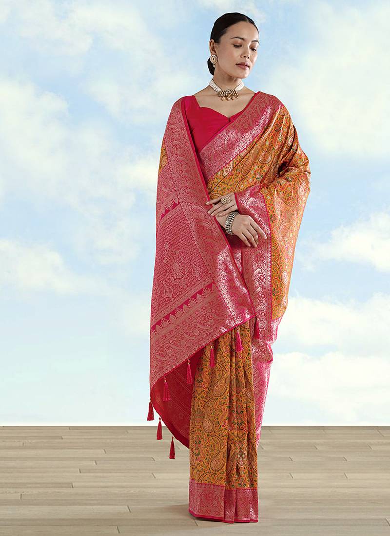 Mustard faux banarasi silk saree with traditional paisley weaves