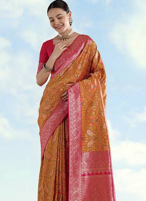Mustard faux banarasi silk blend saree with traditional paisley weaves 3