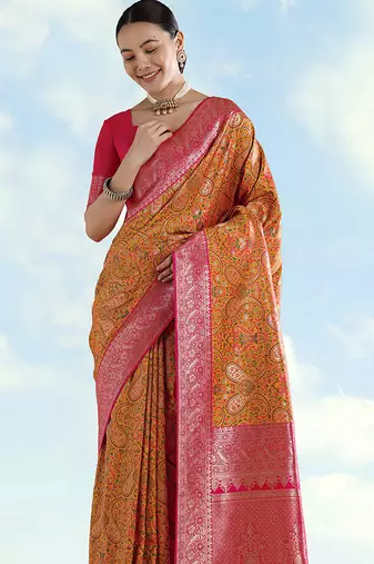Mustard faux banarasi silk blend saree with traditional paisley weaves