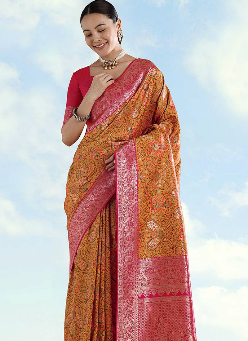 Mustard faux banarasi silk saree with traditional paisley weaves