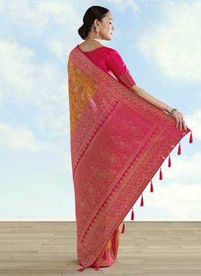 Mustard faux banarasi silk blend saree with traditional paisley weaves 4