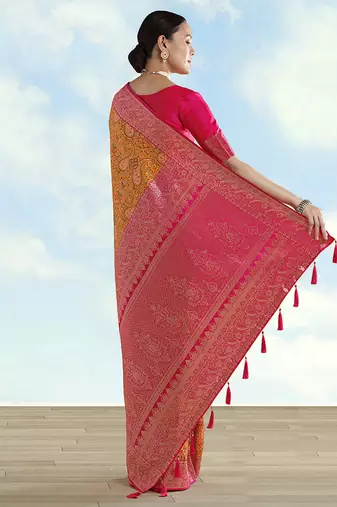Mustard faux banarasi silk blend saree with traditional paisley weaves