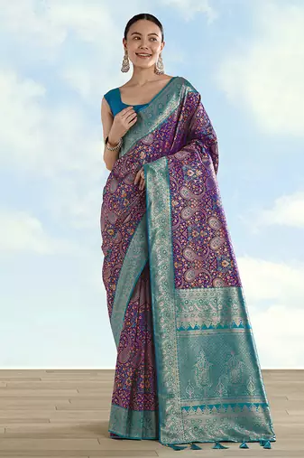 Purple faux banarasi silk saree with traditional paisley weaves