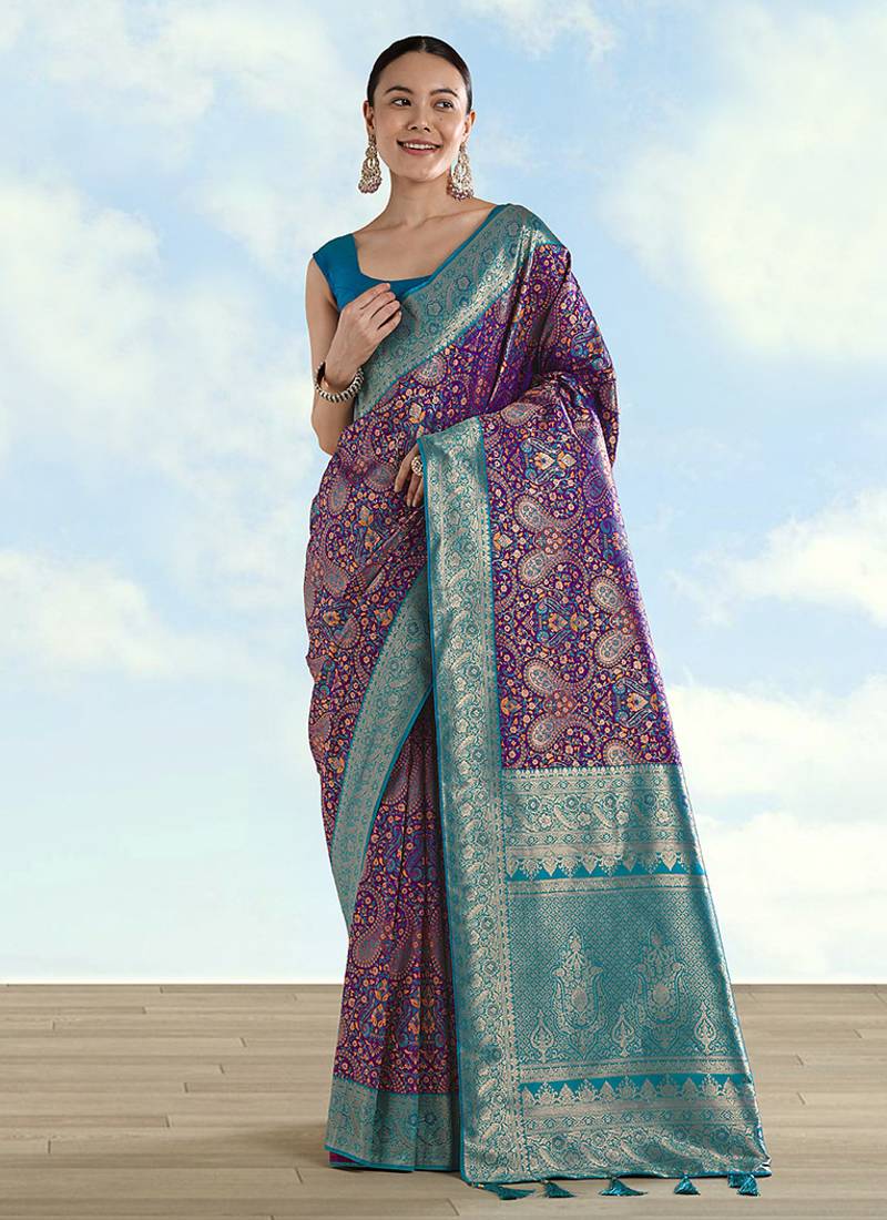 Purple faux banarasi silk saree with traditional paisley weaves