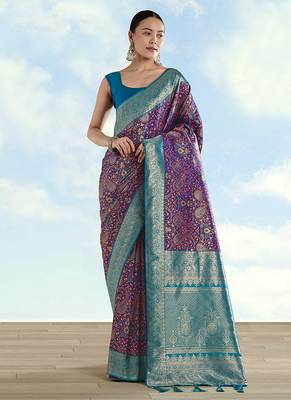 Purple faux banarasi silk blend saree with traditional paisley weaves 2