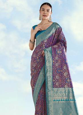 Purple faux banarasi silk blend saree with traditional paisley weaves 3