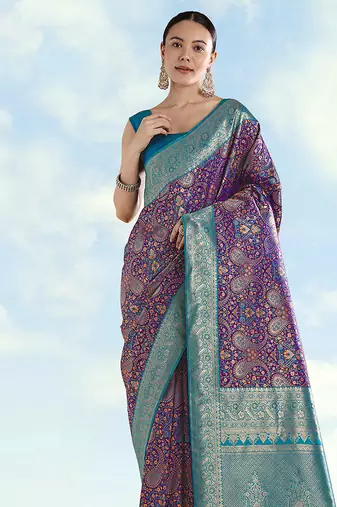 Purple faux banarasi silk blend saree with traditional paisley weaves