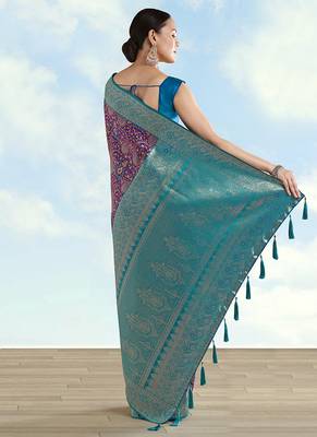 Purple faux banarasi silk blend saree with traditional paisley weaves 4