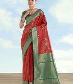 Red faux banarasi silk saree with traditional paisley weaves