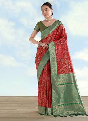 Red faux banarasi silk blend saree with traditional paisley weaves 2