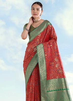Red faux banarasi silk blend saree with traditional paisley weaves 3