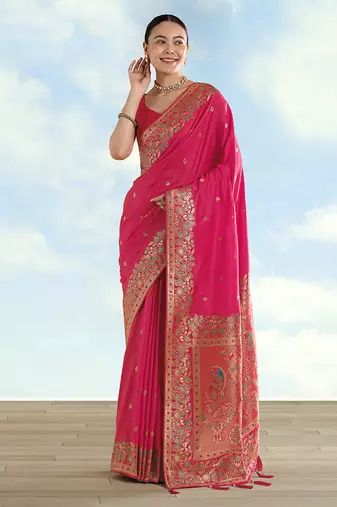 Rani pink faux banarasi satin silk saree with zari border and butti work