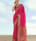 Rani pink faux banarasi satin silk saree with zari border and butti work