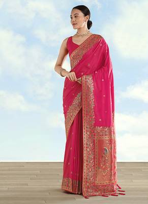 Rani pink faux banarasi satin silk blend saree with zari border and butti work 2