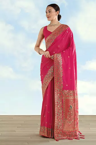 Rani pink faux banarasi satin silk blend saree with zari border and butti work