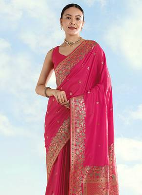 Rani pink faux banarasi satin silk blend saree with zari border and butti work 3