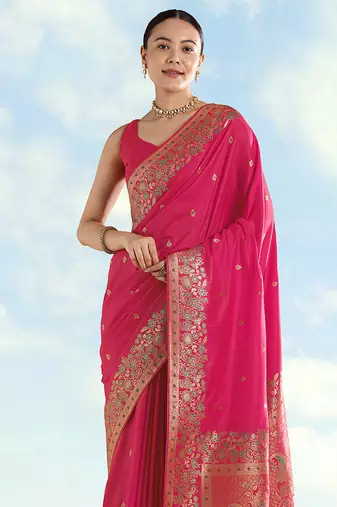 Rani pink faux banarasi satin silk blend saree with zari border and butti work
