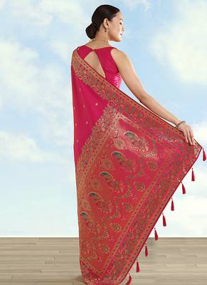 Rani pink faux banarasi satin silk blend saree with zari border and butti work 4