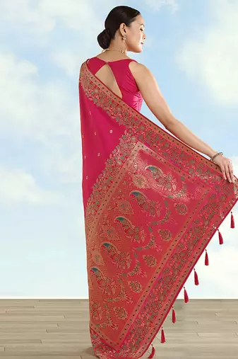 Rani pink faux banarasi satin silk blend saree with zari border and butti work