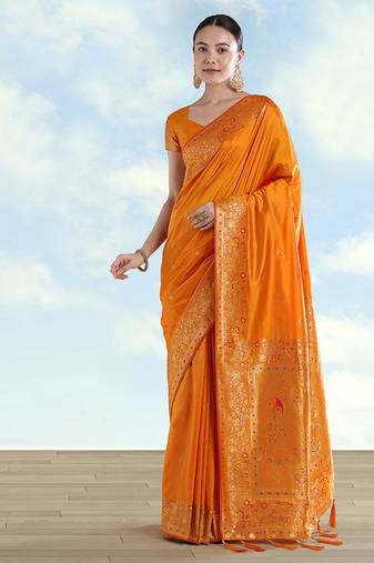 Orange faux banarasi satin silk saree with zari border and butti work
